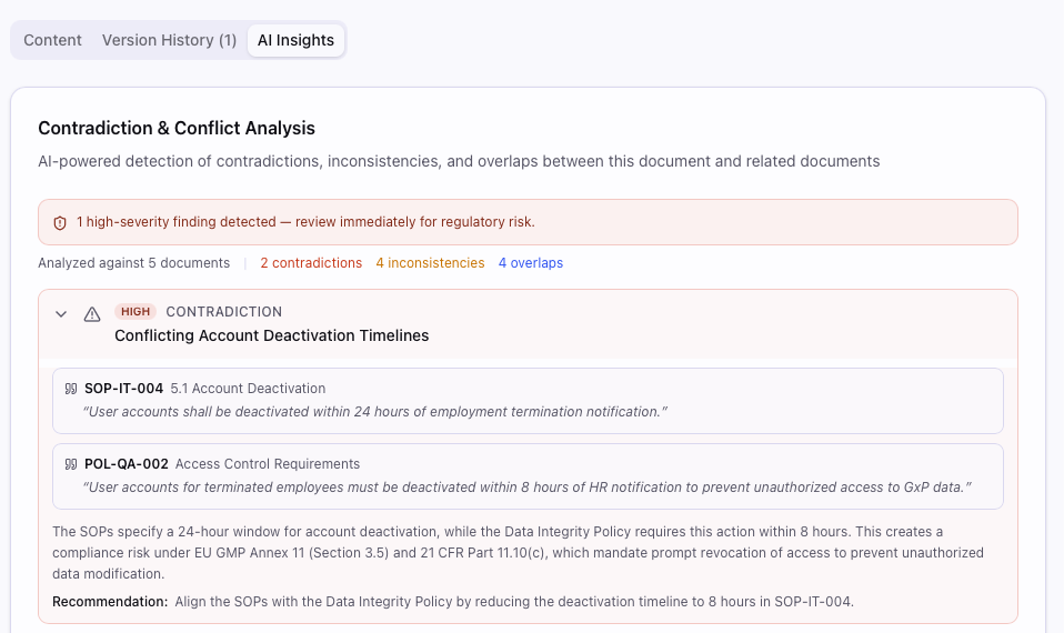 QualityMind AI Contradiction & Conflict Analysis showing cross-document compliance checking